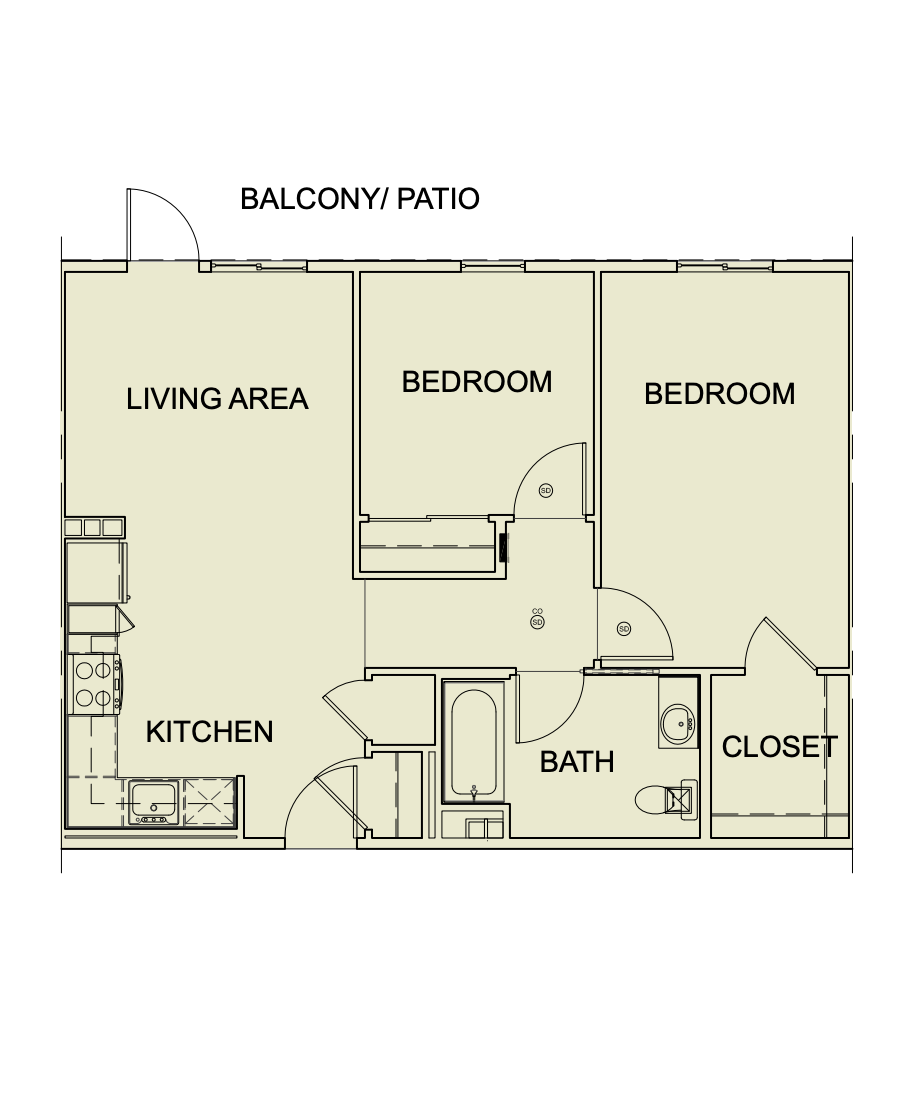 Two Bedroom/ One Bath - 808 SF Unit type B1