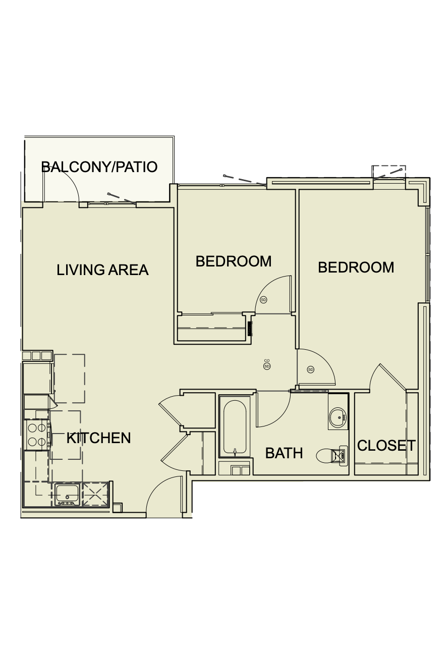Two Bedroom/ One Bath - 860 SF Unit type B2