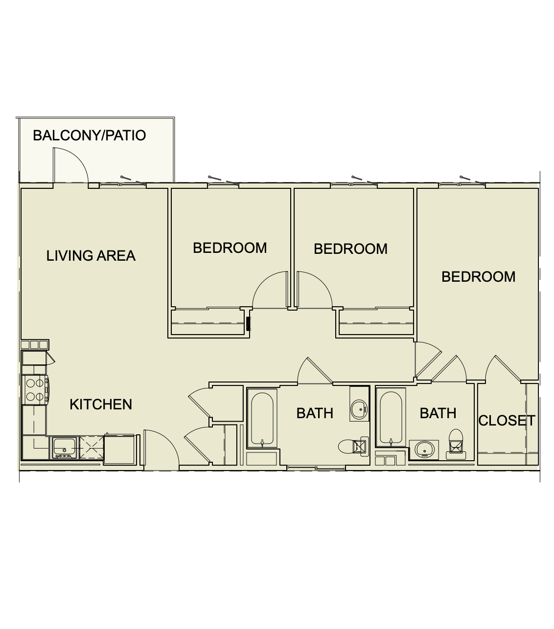 Three Bedroom/ Two Bath - 1087 SF unit type c1