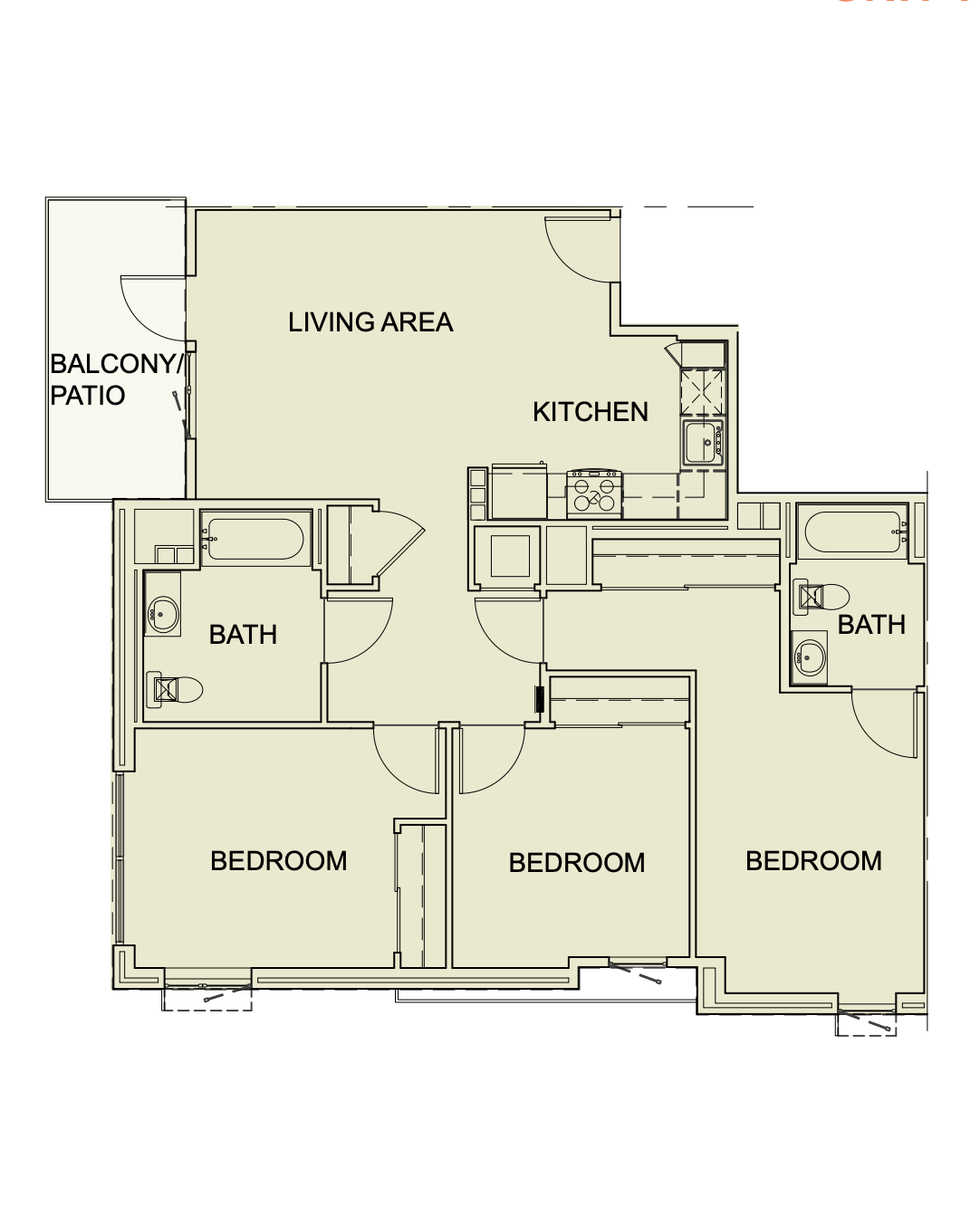 Three Bedroom/ Two Bath - 1165 SF Unit type c3